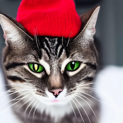 Prompt: a cat wearing a red beanie covering its face with black ski goggles, photorealistic