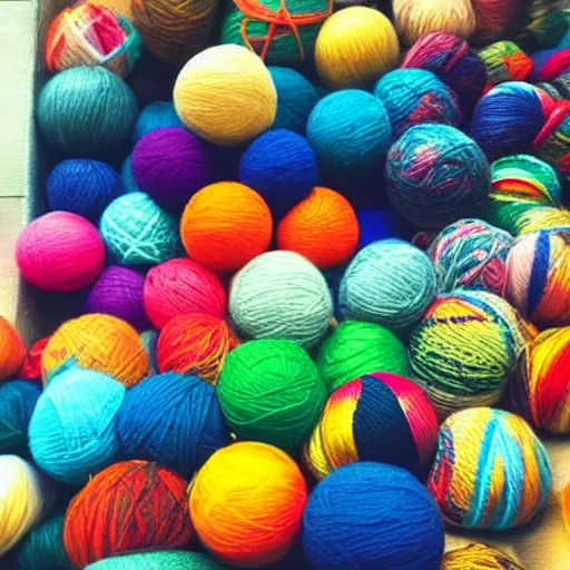 Prompt: getting lost in a yarn store when you are 1cm tall, yarn balls falling everywhere, beautiful katamari, honey we shrink the kids, bright colourful yarn balls, illustrative style