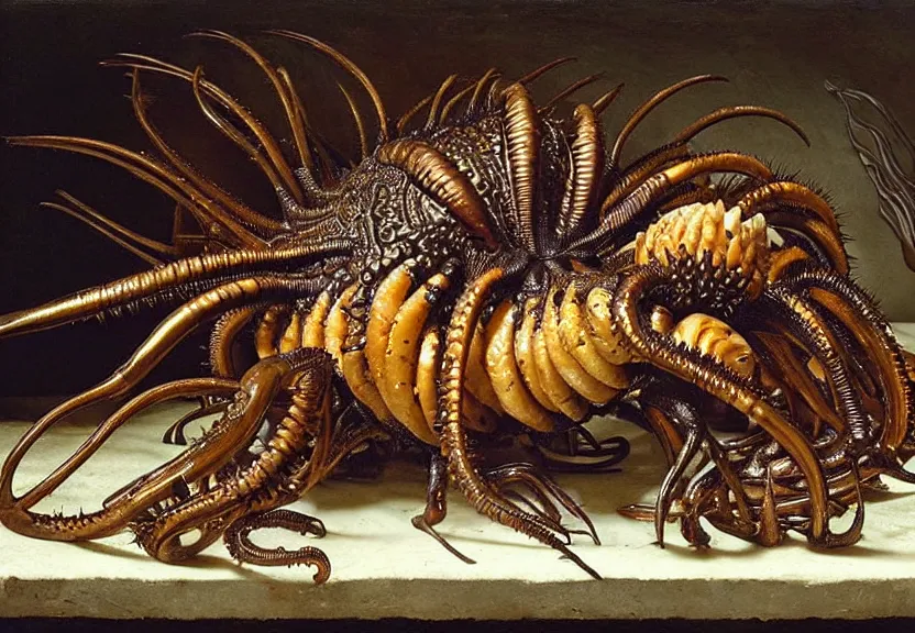 Prompt: an opulent banquet of food on a table covered with hissing cockroaches and spiky hermit crabs and big shiny earthworms. purple giger ’ s xenomorph. the thing. the blob. reclaimed lumber, detailed and intricate environment, hyperrealism, food photography, rembrandt