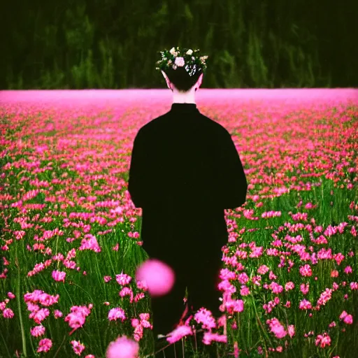 Image similar to kodak portra 4 0 0 photograph of a skinny goth guy standing far back in a field of flowers, back view, flower crown, moody lighting, telephoto, 9 0 s vibe, blurry background, vaporwave colors, faded!,