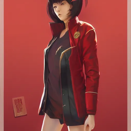 Image similar to full body long shot of Japanese female wearing red futuristic jacket and shorts, highly detailed, digital painting, artstation, concept art, sharp focus, illustration, art by greg rutkowski and alphonse mucha