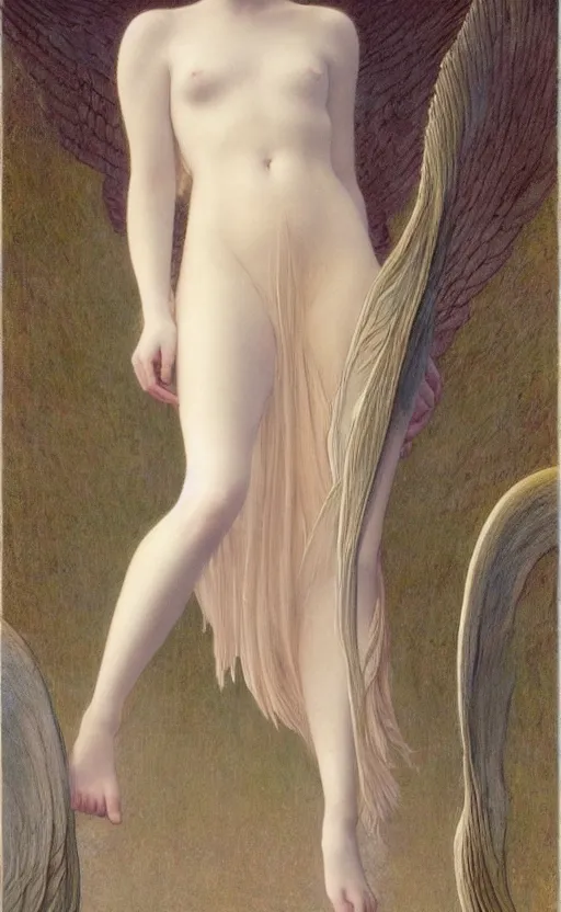 Image similar to Say who is this with silver hair so pale and Wan! and thin? beautiful lone single feminine!! angel, Venus Aphrodite, in the style of Jean Delville, Lucien Lévy-Dhurmer, Fernand Keller, Fernand Khnopff, oil on canvas, 1896, 4K resolution, aesthetic, mystery