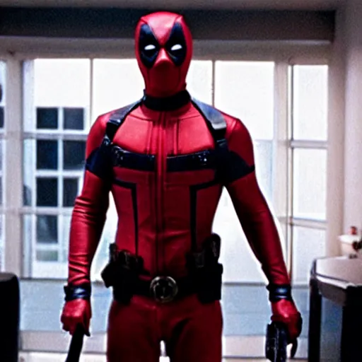 Image similar to film still, American Psycho in deadpool suit