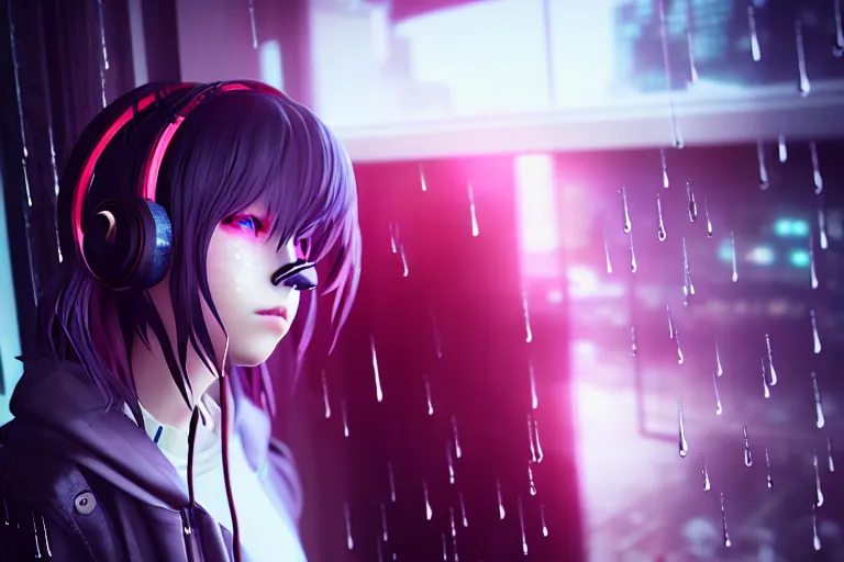 Image similar to a girl with headphones is looking at a rainy window in the style of a code vein character creation, cyberpunk art by Yuumei, cg society contest winner, rayonism light effects and bokeh, daz3d, vaporwave, deviantart hd