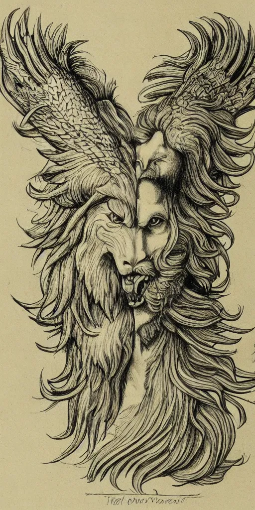 Image similar to human / eagle / lion / ox hybrid. horns, beak, mane, human body. drawn by da vinci