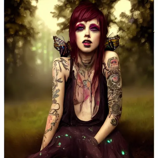 Image similar to portrait, beautiful punk rocker girl, with tattoos and piercings, sits in a mystical misty forest, reading under a tree, fireflies and fairies, fishnets, skirt, dramatic lighting, cinematic, establishing shot, extremly high detail, foto realistic, cinematic lighting, post processed, concept art, artstation, matte painting, style by eddie mendoza, raphael lacoste, alex ross