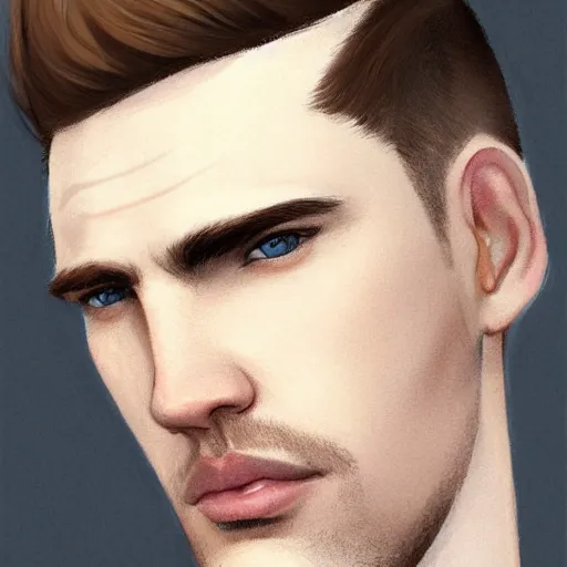 Prompt: tall chunky man in his twenties with brown blond short regular haircut and round facial structure with cleft chin, straight eyebrows, big grey blue eyes, very happy, slightly set back jaw, cheekbones, straight nose, wider face, very slight shadow of beard, atmospheric lighting, painted, intricate, 4 k, highly detailed by charlie bowater