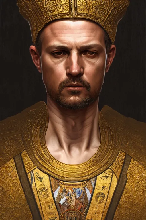 Image similar to medieval rome emperor, realistic portrait full body, symmetrical, highly detailed, digital painting, artstation, concept art, smooth, sharp focus, illustration, cinematic lighting, art by artgerm and greg rutkowski and alphonse mucha