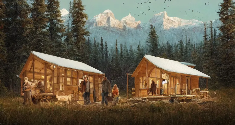 Image similar to cabela's beautiful comfortable modular pop - up insulated all terrain family dwelling, cabin,, person in foreground, mountainous forested wilderness open fields, beautiful views, painterly concept art, joanna gaines, environmental concept art, farmhouse, magnolia, concept art illustration, by james gurney, by craig mullins, by greg rutkowski trending on artstation