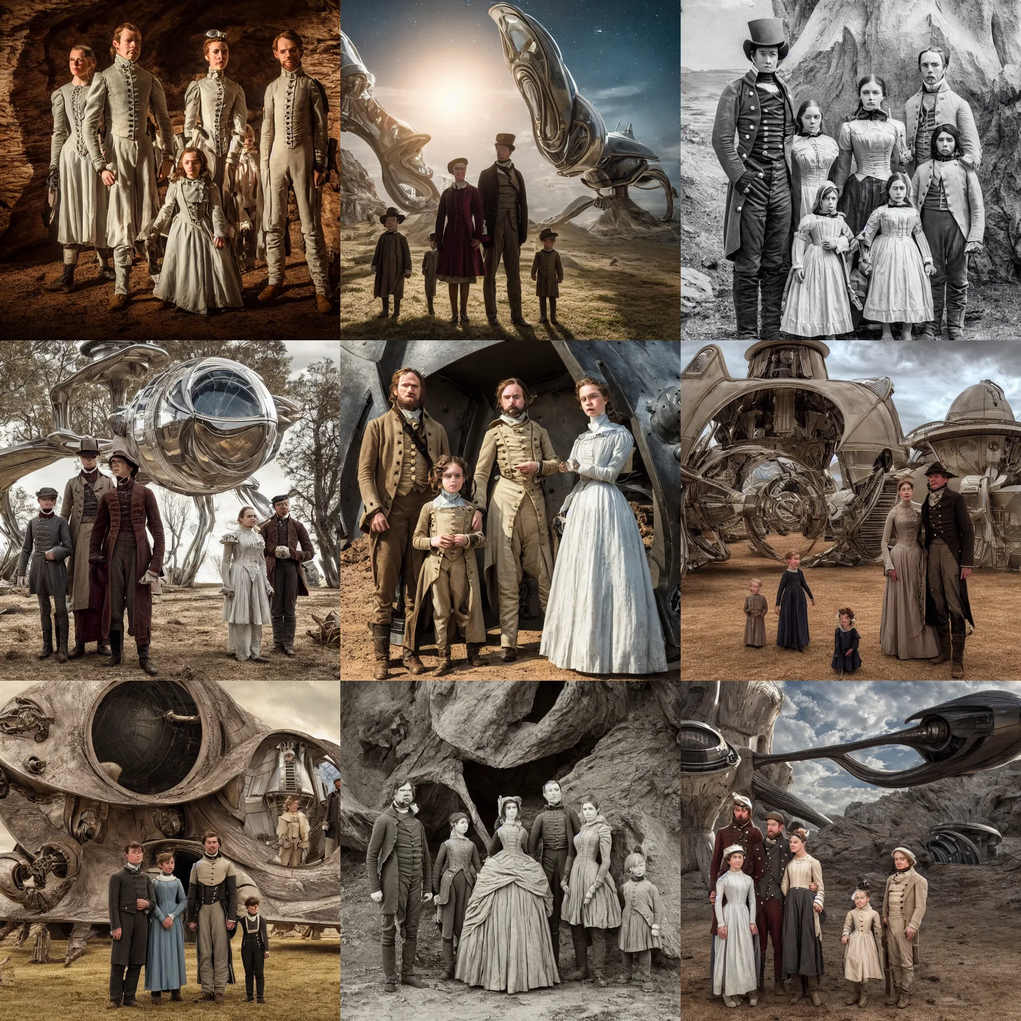 Prompt: sharp, highly detailed, from a 2 0 1 9 sci fi 8 k movie, set in 1 8 5 0, a family standing in front of their spaceship that has just landed on an alien planet, wearing 1 8 5 0 s clothes, atmospheric lighting, in focus, reflective eyes, 3 5 mm macro lens, live action, nice composition