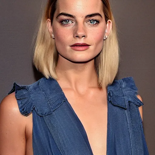 Image similar to a woman who is a genetic combination of margot robbie and emma watson face and upper - body focus