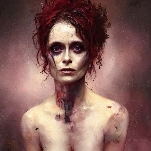 Prompt: expressive oil painting, alien dark fae girlboss based on helena bonham carter mixed with sigourney weaver, bumpy mottled skin, big black feathered wings instead of arms, body horror, by yoshitaka amano, by greg rutkowski, by jeremy lipkinng, by artgerm, digital art, octane render