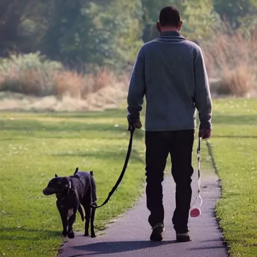 Image similar to a man walking a dog