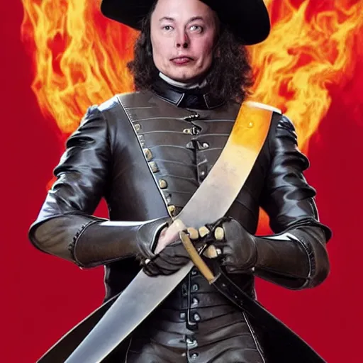 Image similar to elon musk as a musketeer, he has a big hat and holds a shiny sword