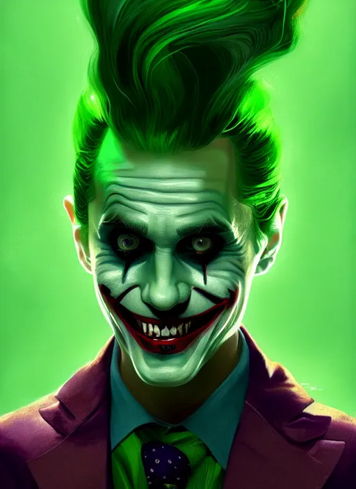 Image similar to portrait of jared leto as the joker, green hair, intricate, elegant, glowing lights, highly detailed, digital painting, artstation, concept art, sharp focus, illustration, art by wlop, mars ravelo and greg rutkowski