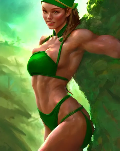 Image similar to play of the game of cammy wearing green bikini, perfect face, brown hair, abs, cinematic, stunning, cute, adorable, strong, highly detailed, psychedelic, digital painting, artstation, smooth, hard focus, illustration, art by jessica rossier and and brian froud
