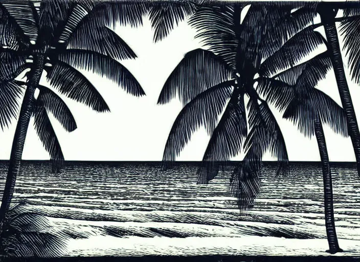 Image similar to a beautiful wood engraving on paper of a beach with coconut palms