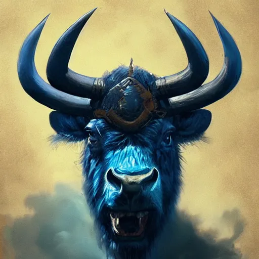 Image similar to angry blue bison portrait by greg rutkowski and frank frazetta, dark fantasy, blue, artstation