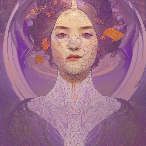 Image similar to smooth organic pattern, lavender, light purple, white, orange and gold, artstation, concept art, smooth, sharp focus, illustration, art by artgerm and greg rutkowski and alphonse mucha and maya takamura and Hitomi Isono