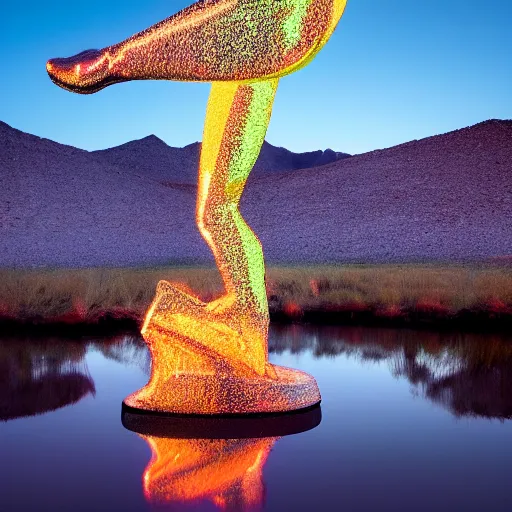 Image similar to 4 k polaroid wide angle photo of a glowing giant steel shiny reflective woman statue dancing, half submerged in water, in a desert oasis lake, at dusk, with neon lighting