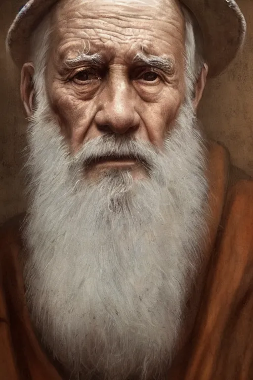 Prompt: a portrait of an old man with a solemn look and deep expression in his eyes, fresco painting, highly detailed, strong lighting, cinematic, HD, 4K