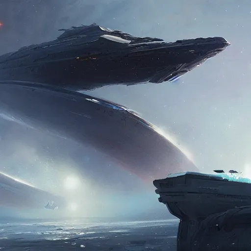 Image similar to concept art of a large space vessel by greg rutkowski