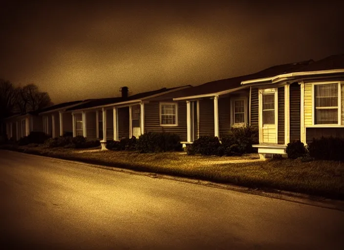 Prompt: small suburban houses in America at night inspired by Edward Hopper, Photographic stills, photography, fantasy, moody lighting, dark mood, imagination, cinematic