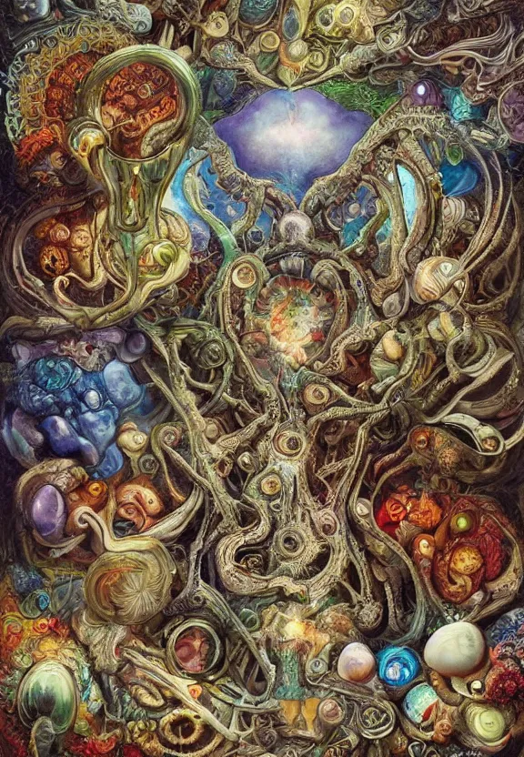 Image similar to simplicity, colorful muscular eldritch bodies and shells radiating town fractal, mandala white bones, colorful gems, brush pen, by h. r. giger and esao andrews and maria sibylla merian eugene delacroix, gustave dore, thomas moran, pop art, chiaroscuro, biopunk, art nouveau