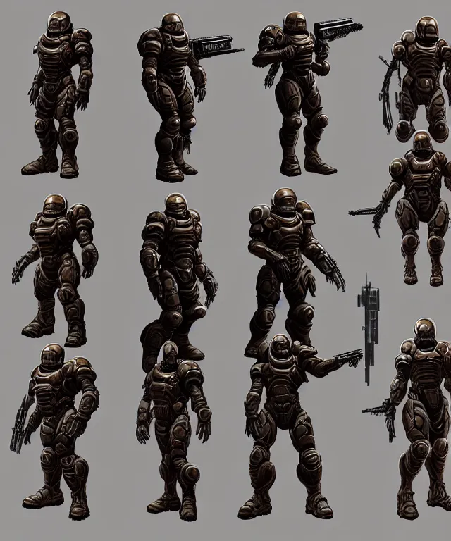 Image similar to 2 d shooter game concept art sprite sheet!!!, doom slayer concept art, hyperrealism, fine detail, 8 k, 3 d render, artgerm, artstation contest winner, cgsociety, cryengine, zbrush, vray, no background