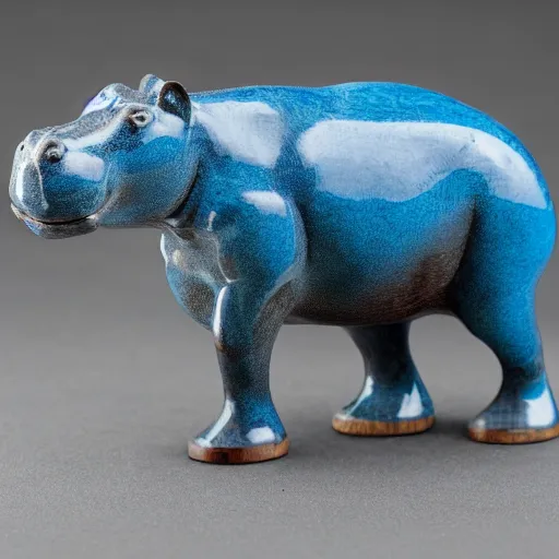Prompt: small hippopotamus wood and blue epoxy sculpture, small, 3 5 mm macro photography, studio