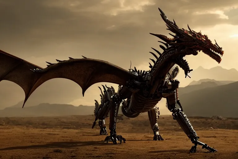 Prompt: cinematic still of westworld, a intact stunning intricate si - fi robotic fantasy dragon, well armored mech dragon, highly detailed