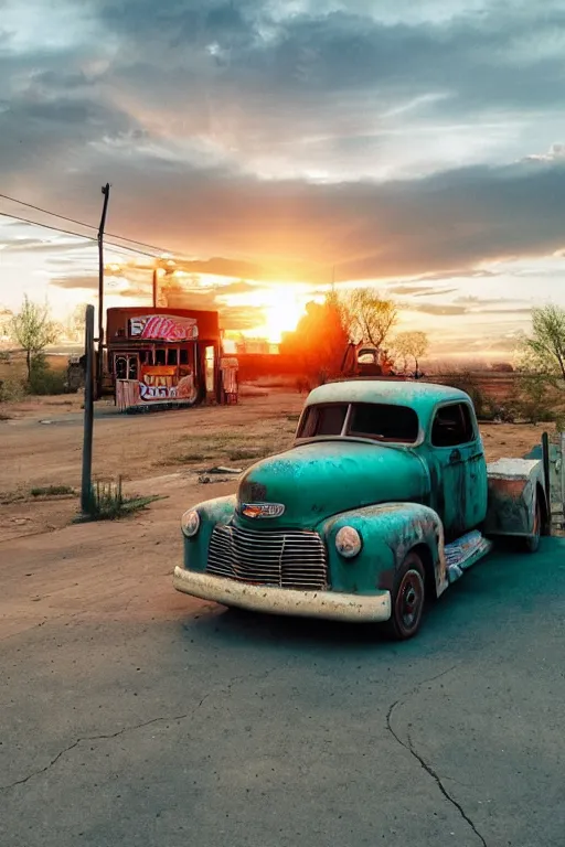 Image similar to a sunset light landscape with historical route 6 6, lots of sparkling details and sun ray ’ s, blinding backlight, smoke, volumetric lighting, colorful, octane, 3 5 mm, abandoned gas station, old rusty pickup - truck, beautiful epic colored reflections, very colorful heavenly, softlight