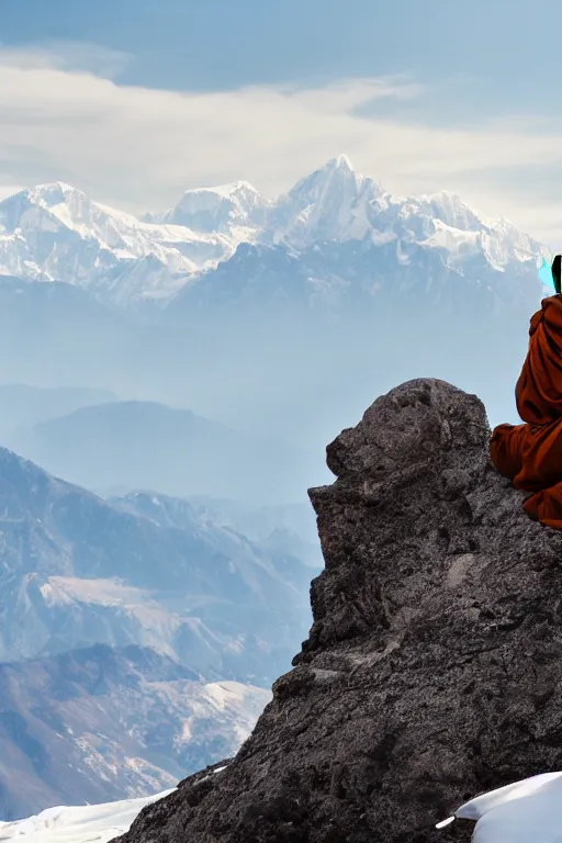 Prompt: A monk with his back to the camera sits beside a rock on the top of a mountain, looking at the snowy Himalayas in the distance, faith,4k, realistic,photography,landscape,high contrast,trending on artstation.