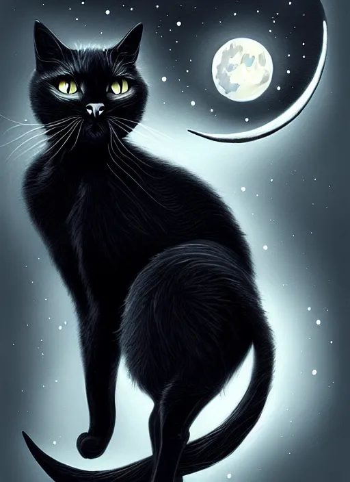 Image similar to black cat, moon, road, fantasy, intricate, elegant, highly detailed, lifelike, photorealistic, digital painting, artstation, illustration, concept art, smooth, sharp focus