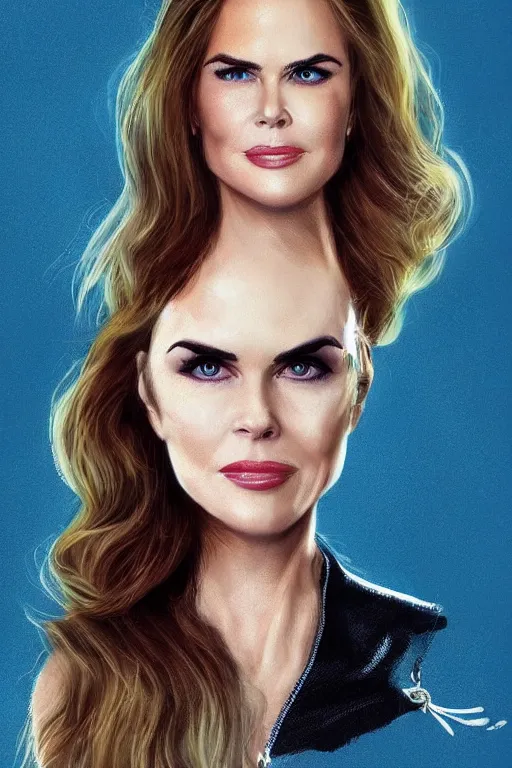 Image similar to portrait of a mix of beautiful young maria shriver, mariel hemmingway, brooke shields, nicole kidman and elle macpherson as catwoman, thin lips, hair tied up in a pony tail, colorful artstation, cgsociety