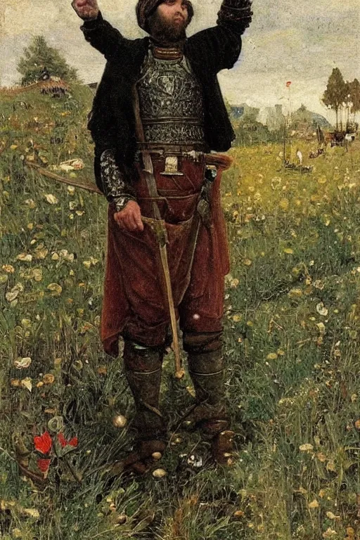 Prompt: Heroic medieval man in black adidas jacket armor, full body, beautiful russian nature, painting by vasnetsov