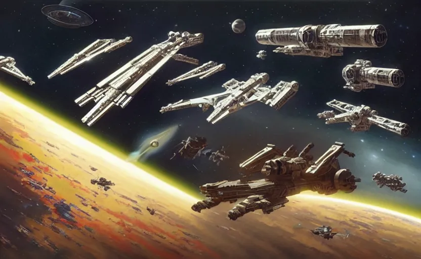 Prompt: space station starwars spaceships, painting by karl kopinski kim jung giu and weta studio, and lucasfilm and jesper ejsing and norman rockwell greg rutkowski frank frazzeta colours black and gold