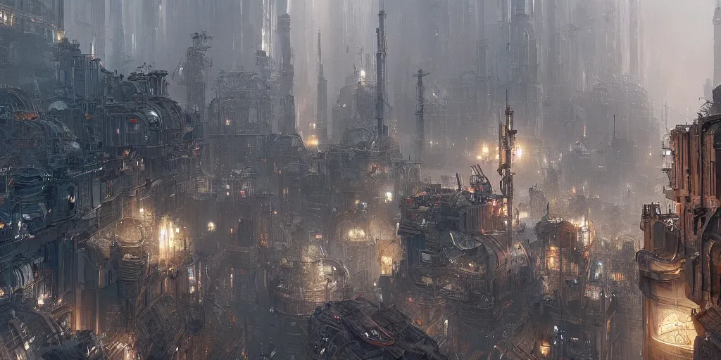 Prompt: a city made from mechanical parts, greg rutkowski, 8 k, shallow depth of field, intricate detail, concept art,