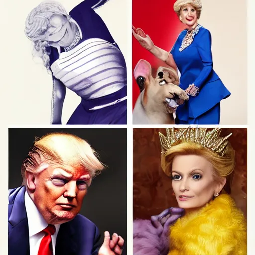 Prompt: donald trump wearing the clothes of a disney princess, regal, photograph in the style of annie leibowitz, nikon, photorealistic