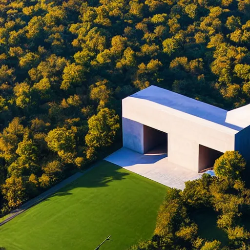 Image similar to a building in a stunning landscape by louis kahn and alberto burri, architectural photograph distance drone wide view, dynamic lighting sharp infinite focus