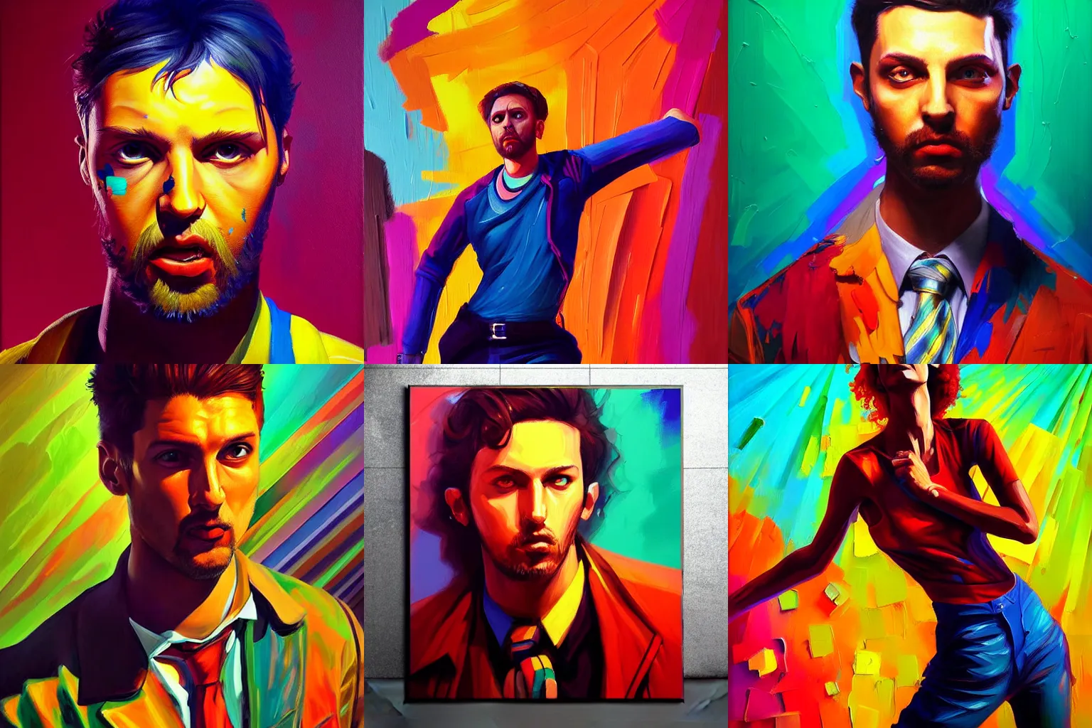 Prompt: a vibrant beautiful painting, portrait, disco elysium style, Aleksander Rostov, dynamic pose, flat art