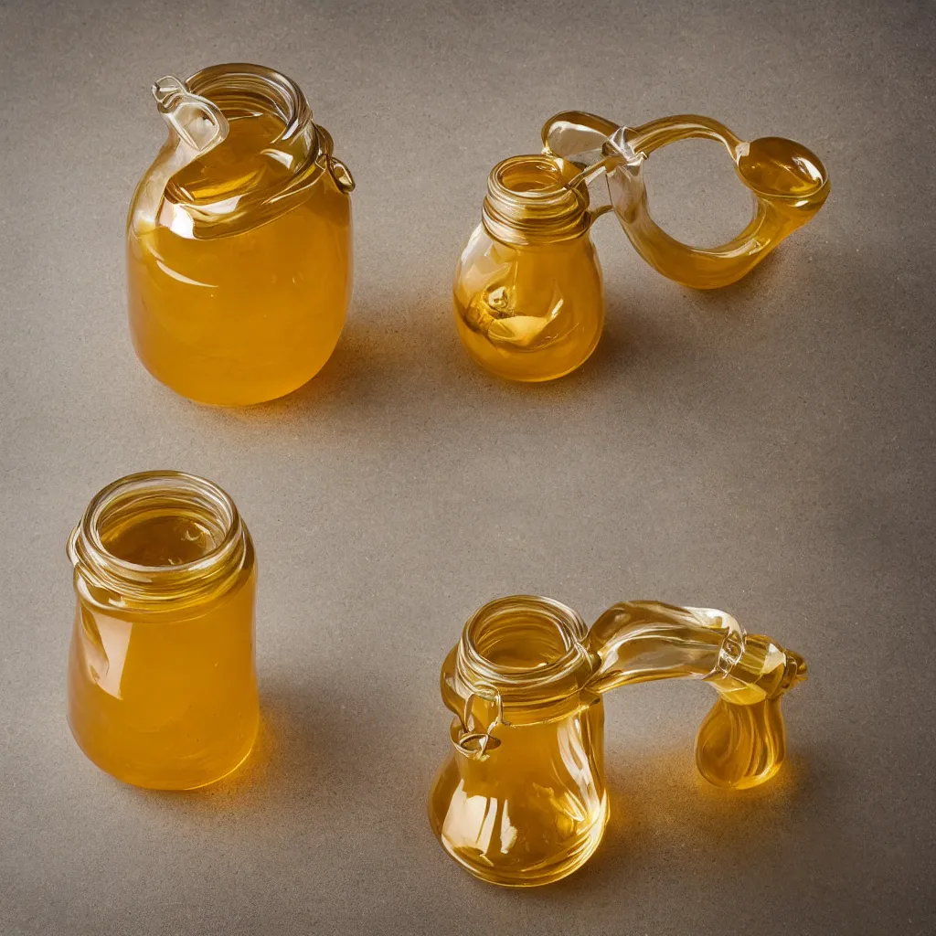 Image similar to klein bottle honey jar, product photography, beautiful studio photography, golden glowing honey