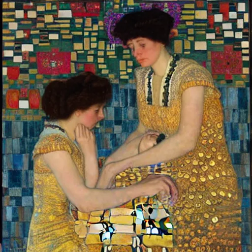 Image similar to two young edwardian women playing chess, in the style of Gustav Klimt
