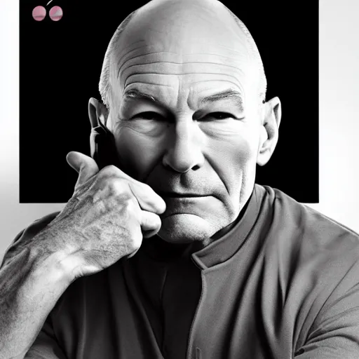 Image similar to patrick stewart wearing beats headphones, advertising campaign photo shoot, cool pose, poster