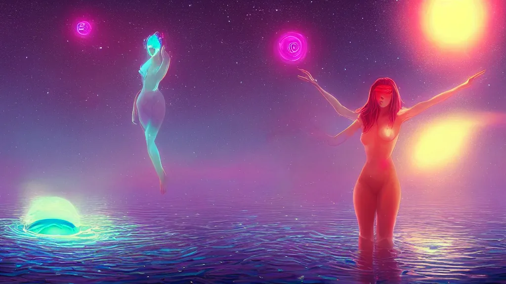 Prompt: one beautiful whimsical goddess standing in a lake basking in the moonlight, underneath a multi-colored binary blackhole with an accretion disc, glowing trails following her arms, synthwave, by Lois van Baarle, by Greg Rutkowski, by artgerm, by beeple, by studio ghibli, cinematic angle, volumetric lighting, 4k resolution, octane render, trending on artstation, masterpiece