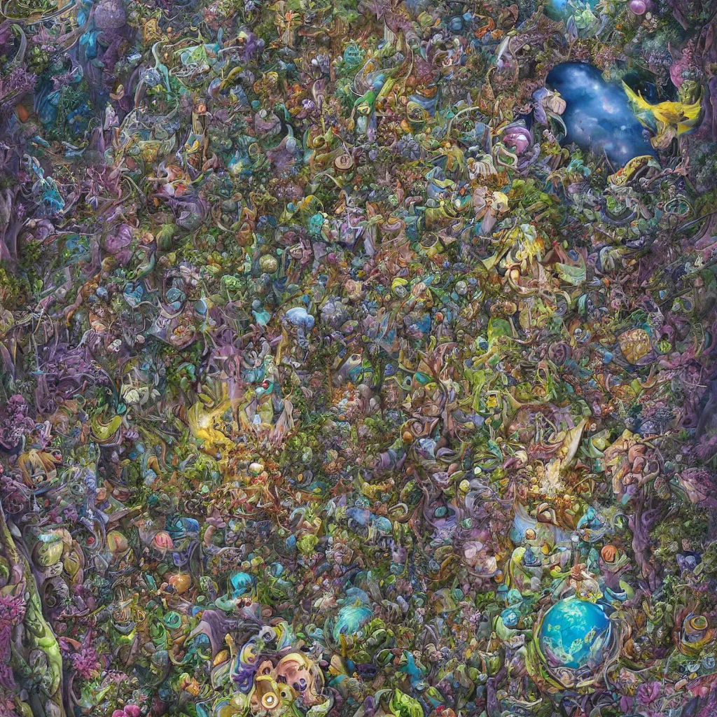 Image similar to wimmel bild by hannah yata, tiny fairy creatures in a huge city, looking down from above, drone perspective, digital art, surrealism,