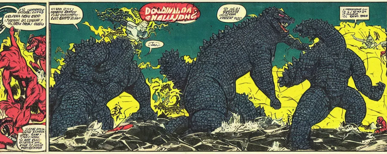 Image similar to godzilla dunking on shaq, marvel comic 1 9 6 0's style, comic strip