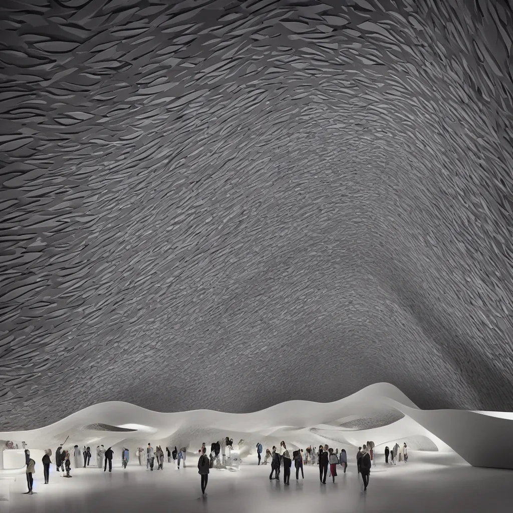 Image similar to “ the interior exhibition halls of a museum of emotions designed by zaha hadid and toyo ito, highly detailed in 4 k ”