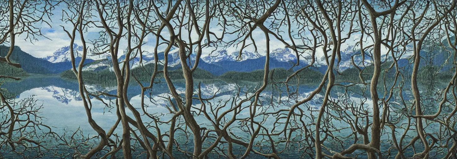 Prompt: escher painting of a lake, big trees reflecting on lake surface, mountains at background, snowy, ultra sharp, ultra detailed, horror emotion, colorized by salvador