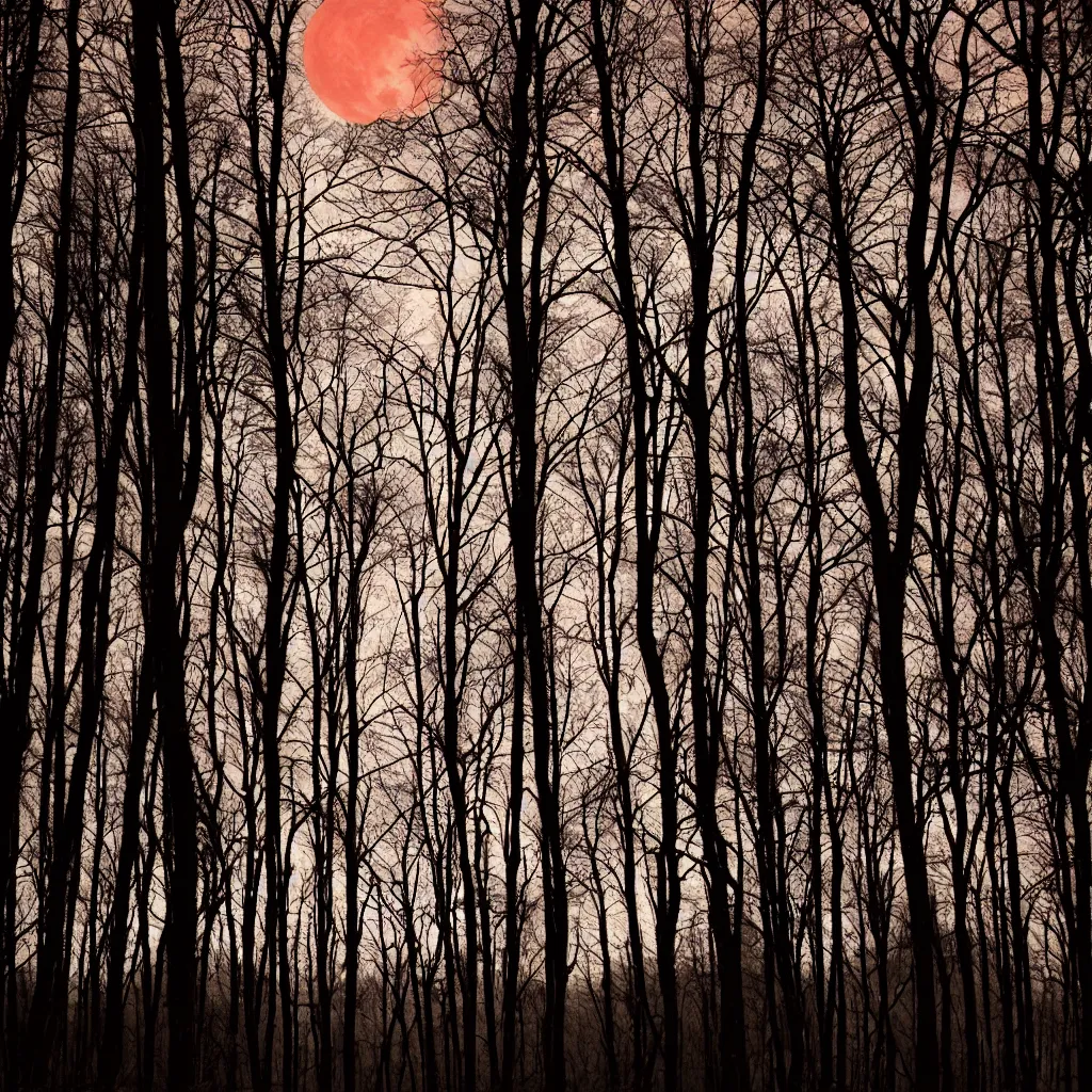 Prompt: Eerie forest at night, shadows, red moon in background